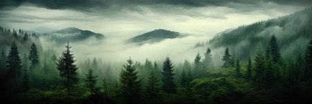 panorama banner of mountain forest landscape with fog and green trees in autumnの素材