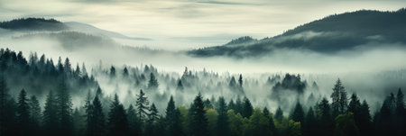 panoramic landscape banner of green mountain forest with mist and fir treesの素材