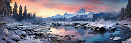 horizontal banner cover of snowy mountain range in winter with frozen river and forestの素材