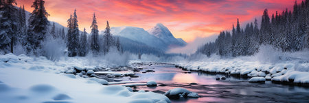 horizontal banner cover of snowy mountain range in winter with frozen river and forestの素材