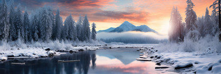 horizontal banner cover of snowy mountain range in winter with frozen river and forestの素材