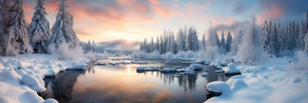 horizontal banner cover of snowy mountain range in winter with frozen river and forestの素材
