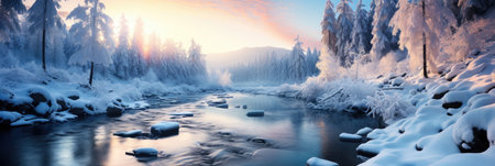 snowy mountains with river panorama cover banner in winter with snow and ice peaksの素材