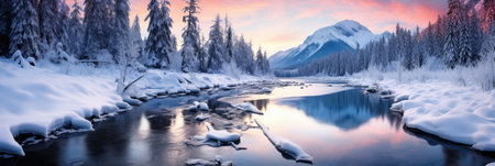 snowy mountains with river panorama cover banner in winter with snow and ice peaksの素材