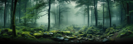 panorama banner of mountain landscape with river and green forest with fogの素材