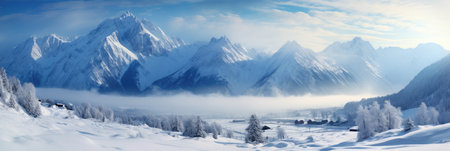 Panoramic landscape of high mountain range in winter with snowy peaks with ice and clouds from stormの素材