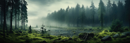 panorama banner of mountain landscape with river and green forest with fogの素材