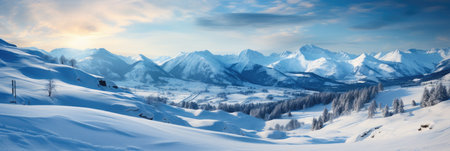 Panoramic landscape of high mountain range in winter with snowy peaks with ice and clouds from stormの素材