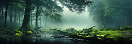 panorama banner of mountain landscape with river and green forest with fogの素材