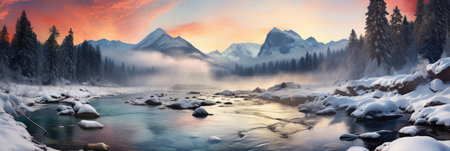 snowy mountains with river panorama cover banner in winter with snow and ice peaksの素材