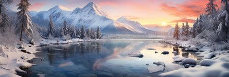 snowy mountains with river panorama cover banner in winter with snow and ice peaksの素材