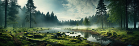 panorama banner of mountain landscape with river and green forest with fogの素材