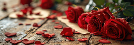 valentines day panoramic banner of hearts and roses design backgroundの素材