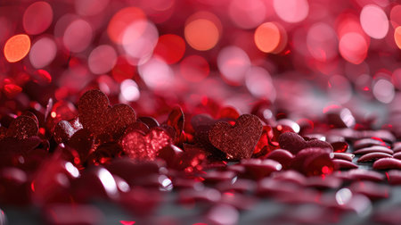 Valentine day hearts red background with glossy red floating heart designの素材