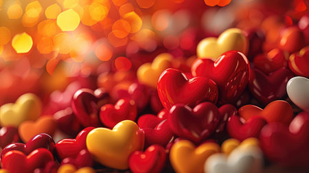 shiny horizontal valentine day design with glossy red floating hearts backgroundの素材