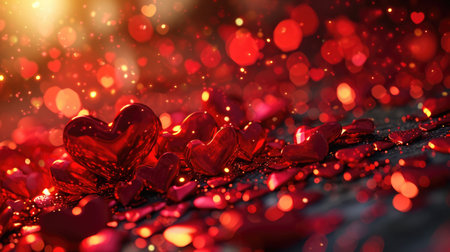 shiny horizontal valentine day design with glossy red floating hearts backgroundの素材