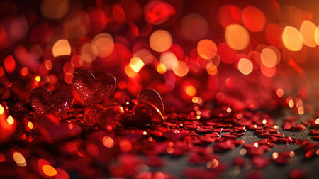 Valentine day hearts red background with glossy red floating heart designの素材