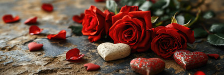 St Valentine's banner panoramic header of red hearts and roses flat layの素材