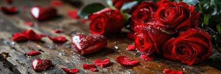 valentines day panoramic banner of hearts and roses design backgroundの素材