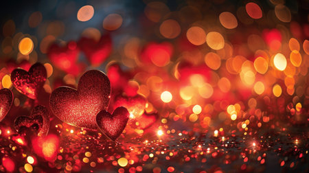shiny horizontal valentine day design with glossy red floating hearts backgroundの素材