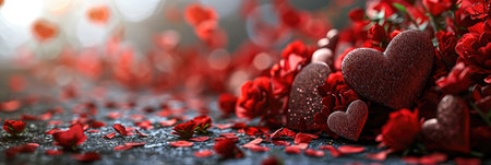 panoramic banner for st valetine's day with glossy red hearts designの素材