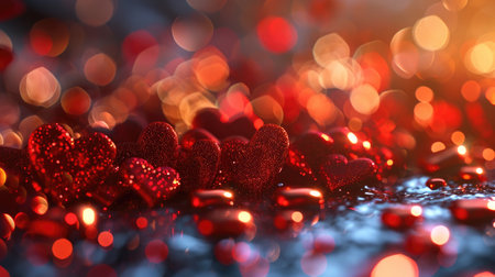 shiny horizontal valentine day design with glossy red floating hearts backgroundの素材