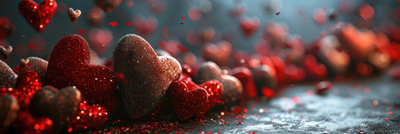 panoramic banner for st valetine's day with glossy red hearts designの素材
