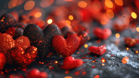 Valentine day hearts red background with glossy red floating heart designの素材