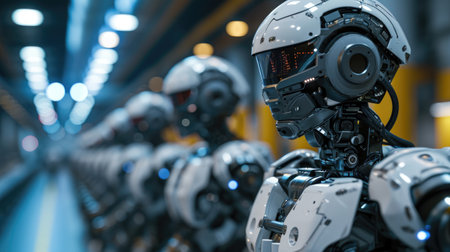 portrait of humanoid ai worker robot in factory warehouse production lineの素材