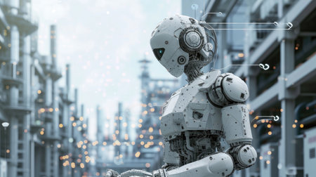 portrait of robot human cyborg ai in factory production lineの素材