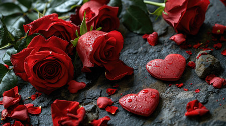 roses and hearts background for valentine's day with red and glossy pattern designの素材