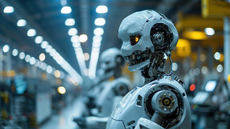 portrait of robot human cyborg ai in factory production lineの素材