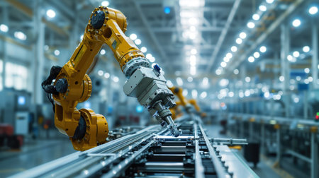 automatic robot arm on production line factory in warehouse assembly lineの素材