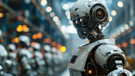 portrait of robot human cyborg ai in factory production lineの素材