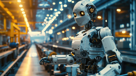 portrait of humanoid ai worker robot in factory warehouse production lineの素材