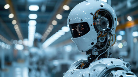 portrait of humanoid ai worker robot in factory warehouse production lineの素材