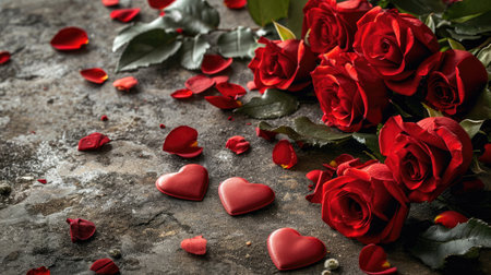 roses and hearts background for valentine's day with red and glossy pattern designの素材