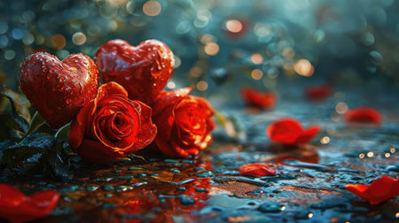 roses and hearts background for valentine's day with red and glossy pattern designの素材