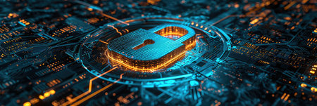 banner with decryption spyware of confidential privacy software of data. Lock with keyhole on circuit board with chipの素材