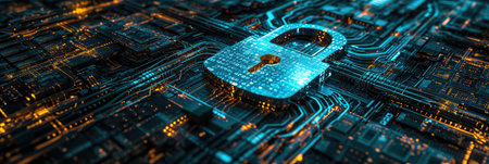 banner of circuit board with padlock data security encryption conceptの素材