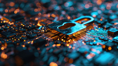 online digital data security technology on the internet. Lock with keyhole on circuit board mainframe circuitの素材