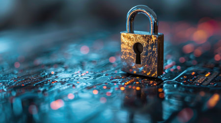 online digital data security technology on the internet. Lock with keyhole on circuit board mainframe circuitの素材