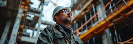 portrait of construction worker on construction site wearing hardhat inspecting building progressの素材