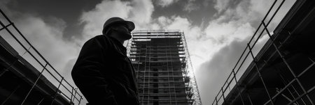 portrait of construction worker on construction site wearing hardhat inspecting building progressの素材