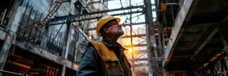 portrait of construction worker on construction site wearing hardhat inspecting building progressの素材
