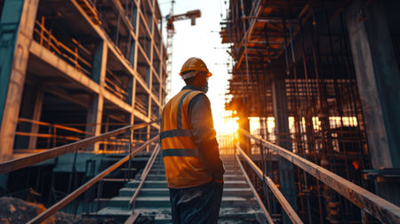 portrait of constructor engineer wearing hardhat on construction site of building with scaffoldの素材