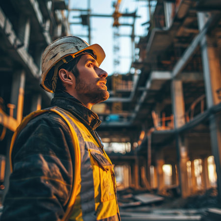 civil engineer constructor portrait on building site wearing hardhatの素材