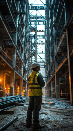 vertical portrait of construction worker man wearing on building site wearing hardhatの素材