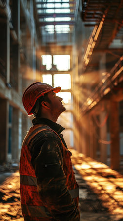vertical portrait of construction worker man wearing on building site wearing hardhatの素材