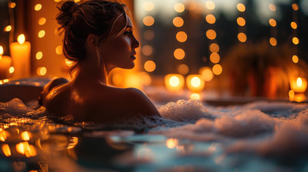 portrait of woman sitting in bath tub relaxing with foam and burning candles at homeの素材